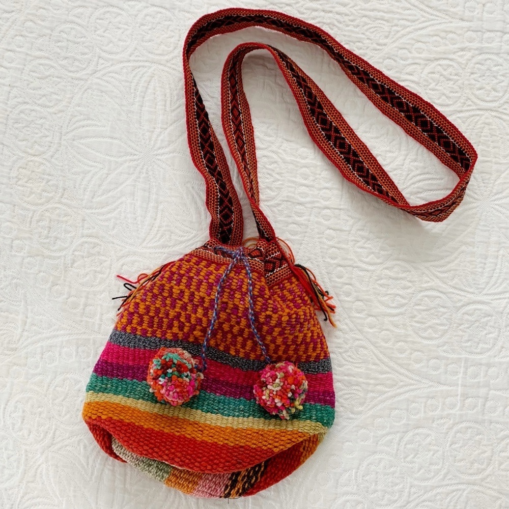 Handmade Peruvian Rainbow Woven Bucket‎ Bag with Drawstring Pom Pom Cinch